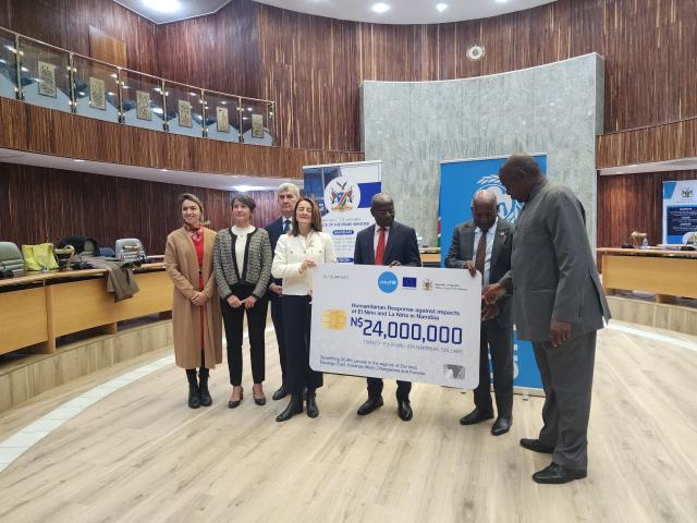 WINDHOEK, 18 June 2025 - Prime Minister Elijah Ngurare and Minister of Urban and Rural Development Sankwasa James Sankwasa receiving donations from UNICEF, EU and Japan (Photo: Molly Weyulu) NAMPA
