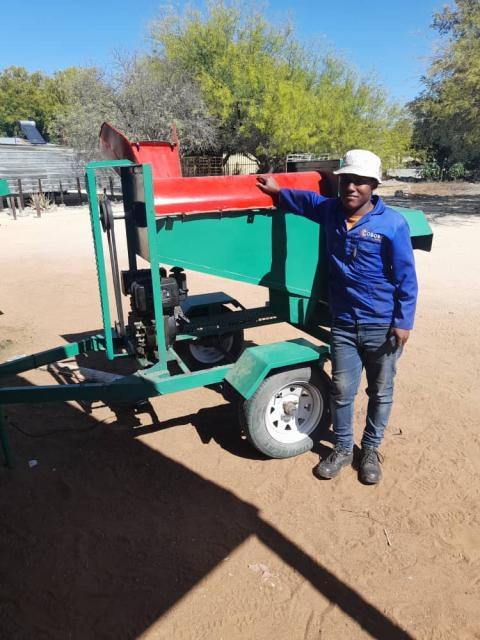 ONDANGWA, 10 JUNE 2025 - 23-year-old Marshall Aibeb from the Hai//Om San community created a mahangu thresher to streamline farming harvests. (Photo: Contributed) NAMPA.
