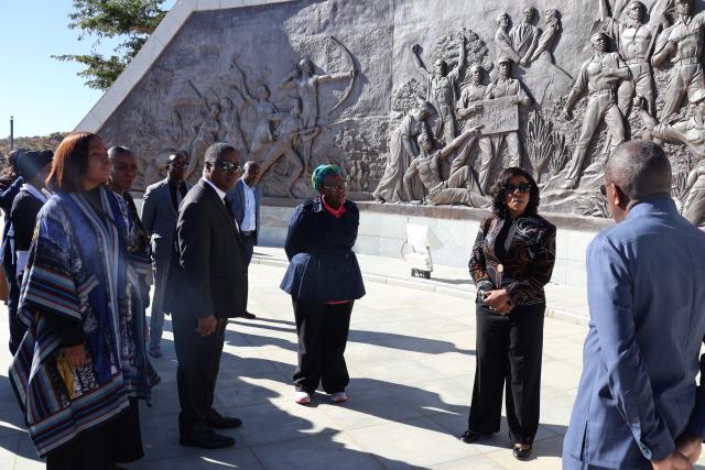 WINDHOEK, 21 June 2025 - International Relations and Trade Minister Selma Ashipala-Musavyi (middle lefT) and Secretary-General of the Commonwealth, Shirley Ayorkor Botchwey (middle right) during the visit to Heroes Acre (Photo: Andreas Thomas) NAMPA