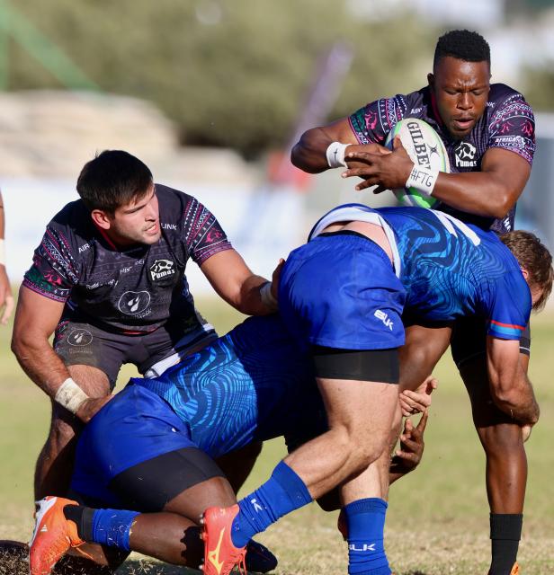 WINDHOEK, 21 June 2025 - Welwitschias players (in blue) and Airlink Pumas players in action during a friendly match which the Pumas won 59-19 at Hage Geingob Stadium in Olympia, Windhoek. (Photo by: Hesron Kapanga) NAMPA 