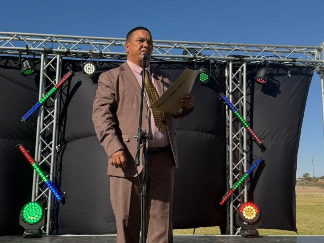 MARIENTAL, 21 June 2025 - The Governor of the Hardap Region, Riaan McNab delivering his speech at World Music Day hosted in Mariental at the Mariental Showgrounds on Saturday. (Photo by: Charmaine Boois) NAMPA