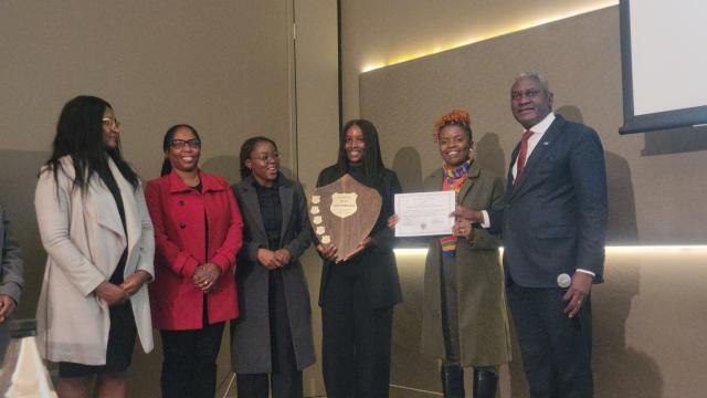 WINDHOEK, 24 JUN 2025 (NAMPA) - Executive Director in the Ministry of Health and Social Services Penda Ithindi hands over an award for first place in best performing Pharmaceutical services to Erongo region  (Photo: Molly Weyulu) NAMPA