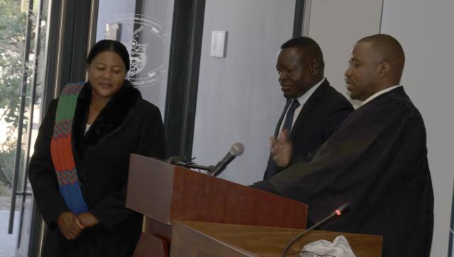 OTJIWARONGO, 26 June 2025 - The newly elected constituency councillors of Grootfontein - Nelao Amagulu (L) and Paulus Nekundi of Otjiwarongo (M) being sworn-in by Magistrate Billy Lutaka (R) Thursday morning at the Otjozondjupa Regional Council Chambers in Otjiwarongo. (Photo by: Mulisa Simiyasa) NAMPA 