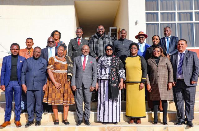 WINDHOEK, 02 JULY 2025 - President Netumbo Nandi-Ndaitwah and all 14 new regional governors pose for a picture and the regional governors induction workshop in Windhoek. (Photo: Contributed) NAMPA