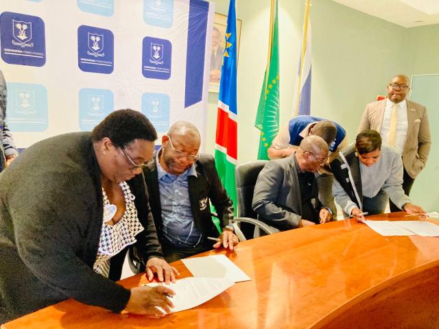 ONDANGWA, 04 July 2025 - The Ondangwa Town Council and the National Housing Enterprise (NHE) signed a memorandum of understanding to ensure that they address housing backlog through provisions of land on Friday. (Photo: Maria David)NAMPA