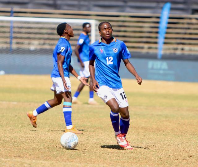 WINDHOEK, 04 July 2025 - The National Under-20 (U20) men’s football teams player in blue while in action against Angola on the opening match of the African Union Sport Council (AUSC) Region 5 Championships at the Hage Geingob Stadium in Windhoek, Namibia. (Photo by: Hesron Kapanga) NAMPA