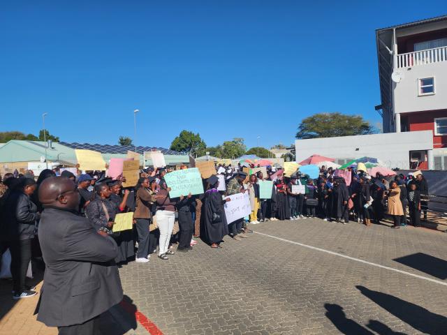 WINDHOEK, 08 July 2025 - Unemployed teachers demonstrating outside the Ministry of Education, Innovation, Youth, Sport, Arts and Culture. (Photo: Edward Tenete) NAMPA 