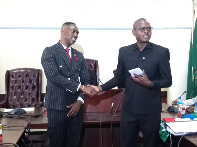 OSHAKATI, 09 July 2025 - Newly appointed governor Hofni Iipinge and former governor Elia Irimari during the welcoming ceremony of the governor on Wednesday. (Photo: Maria David)NAMPA
