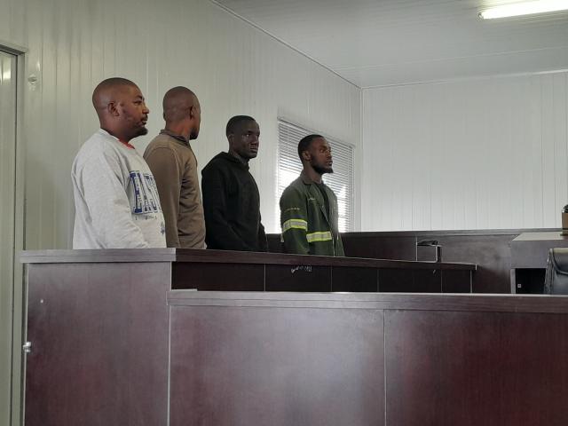 OUTJO, 10 July 2025 - The four accused persons in the large-scale cattle theft and slaughter made their second appearance on Thursday before Magistrate Dominic Engelbrecht at Outjo Magistrate's Court in Outjo in the Kunene Region.  (Photo: Dalene kooper) NAMPA 