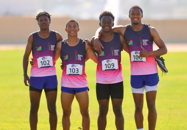 SWAKOPMUND, 11 July 2025 - Namibia 4x100 mens relay team that won a bronze medal at the African Union Sport Council (AUSC) Region Five Games at the Vineta Stadium in Swakopmund from left to right, Daniel Kuzatjike, William van Wyk, Sakaria Kandjila and Ruano Dicarvalho. (Photo by: Hesron Kapanga) NAMPA