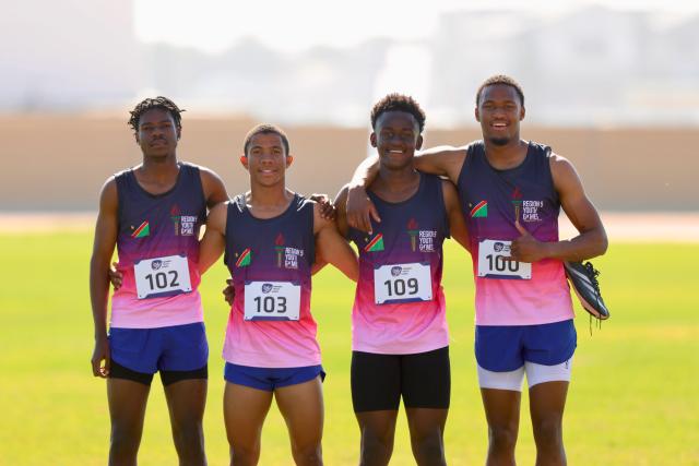 SWAKOPMUND, 11 July 2025 - Namibia 4x100 mens relay team that won a bronze medal at the African Union Sport Council (AUSC) Region Five Games at the Vineta Stadium in Swakopmund from left to right, Daniel Kuzatjike, William van Wyk, Sakaria Kandjila and Ruano Dicarvalho. (Photo by: Hesron Kapanga) NAMPA