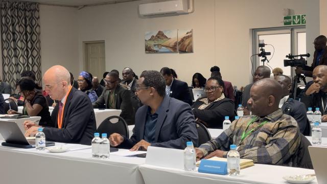 WALVIS BAY, 12 July 2025 - Deputy Prime Minister and Minister of Industries, Mines and Energy Natangwe Ithete (Middle), Deputy Speaker of the National Assembly Philipus Katamelo (right) and Secretary General of the Climate Parliament Sergio Missana at the opening of the Parliamentary Green Investment Dialogue on Saturday in Walvis Bay. (Photo by: Isabel Bento) NAMPA