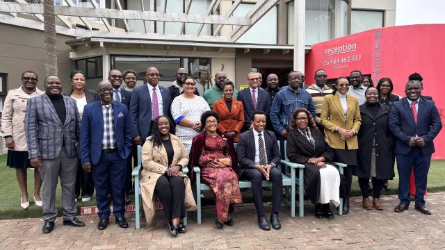 SWAKOPMUND, 14 July 2025 - Erongo Governor Natalia /Goagoses, Deputy Mayor of Swakopmund Suama Kautondokwa and Chairperson of Parliamentary Standing Committee on Natural Resources  and Member of Parliament Tobie Aupindi photographed with members of the committee and other MPs and stakeholders of the committee during the opening of the capacity building workshop with stakeholders for the Parliamentary Standing Committee on Natural Resources at Swakopmund on Monday. (Photo by: Isabel Bento) NAMPA