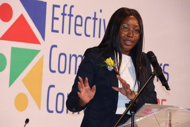 SWAKOPMUND, 16 JUL (NAMPA) - Minister of Information, Communication and Technology (MICT) Emma Teofelus speaking at the Effective Communicators Conference taking place at Swakopmund. (Photo by: Isabel Bento) NAMPA