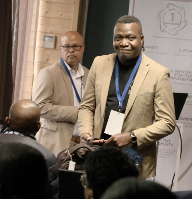 SWAKOPMUND, 17 July 2025 - New Era Chief Executive Officer, Christopher Maletsky and Namibian Sun Editor, Toivo Ndjebela at the 2025 Effective Communicators Conference in Swakopmund on Thursday afternoon. (Photo by: Mulisa Simiyasa) NAMPA