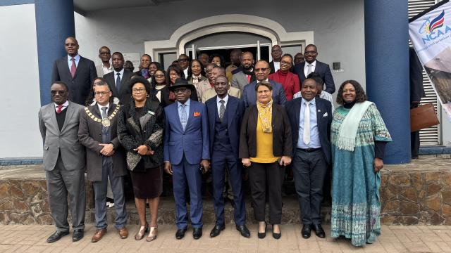 WALVIS BAY, 23 July 2025 - (front row) First Gentleman Lieutenant General Epaphras Denga Ndaitwah, Minister of Works and Transport Veikko Nekundi, Governor of the Erongo Region Natalia /Goagoses, Industries, Mines and Energy Deputy Minister Gaudentia Krönhe, Chairperson of the PE CEO’s forum Fluksman Samuehl and Walvis Bay Mayor Trevino Forbes photographed among CEOs and board chairpersons of the different public enterprises at the opening of the AGM at Walvis Bay on Wednesday. (Photo by: Isabel Bento) NAMPA