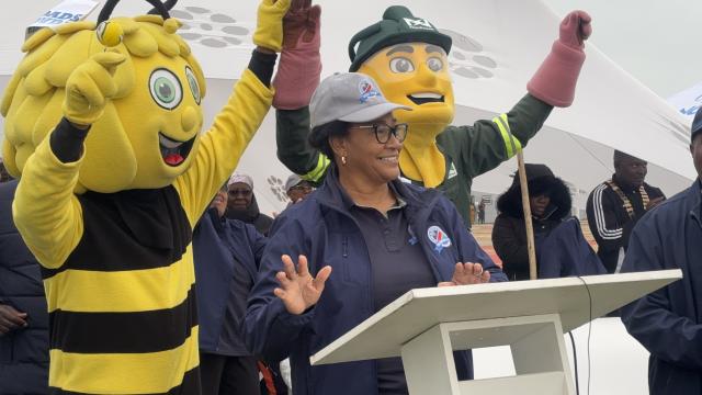 SWAKOPMUND, 24 July 2025 - Erongo Governor Natalia /Goagoses flanked by some state owned enterprises mascots  at the opening of the SOE sports games taking place at the Vineta Sports Stadium in Swakopmund. (Photo by: Isabel Bento) NAMPA