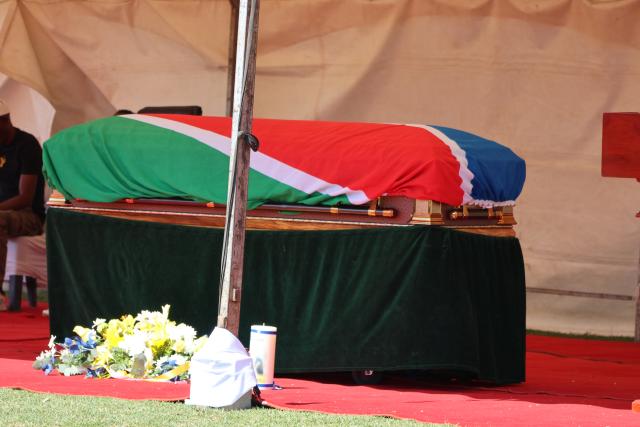 OTJIWARONGO, 01 AUG (NAMPA) - Remains of the late war veteran and former Robben Island political prisoner, Lazarus Guiteb at the military memorial service in Otjiwarongo's Mokati Sports Stadium on Friday. The 82-year-old Guiteb will be buried at Otjiwarongo on Saturday. (Photo by: Mulisa Simiyasa) NAMPA  