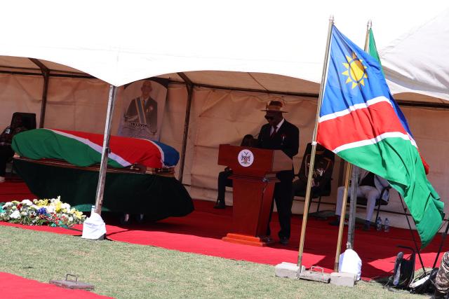 OTJIWARONGO, 01 AUG (NAMPA) - Otjozondjupa Governor, John //Khamuseb speaks at the memorial service of the late war veteran and former Robben Island political prisoner, Lazarus Guiteb at Otjiwarongo's Mokati Sports Stadium on Friday. The 82-year-old Guiteb was accorded the military funeral by President Netumbo Nandi-Ndaitwah and will be buried at Otjiwarongo on Saturday. (Photo by: Mulisa Simiyasa) NAMPA