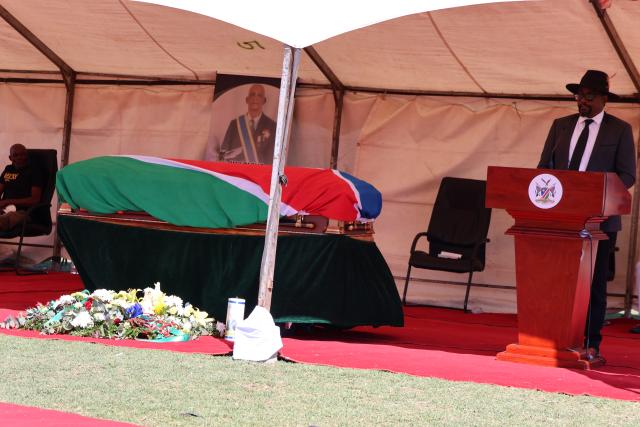 OTJIWARONGO, 01 AUG (NAMPA) - The Deputy Prime Minister and Minister of Mines, Energy and Industries Natangwe Ithete delivers the key message of President Netumbo Nandi-Ndaitwah at the memorial service of the late war veteran and former Robben Island political prisoner, Lazarus Guiteb at Otjiwarongo's Mokati Sports Stadium on Friday. The 82-year-old Guiteb was accorded the military funeral by President Nandi-Ndaitwah and will be buried on Saturday at the town. (Photo by: Mulisa Simiyasa) NAMPA