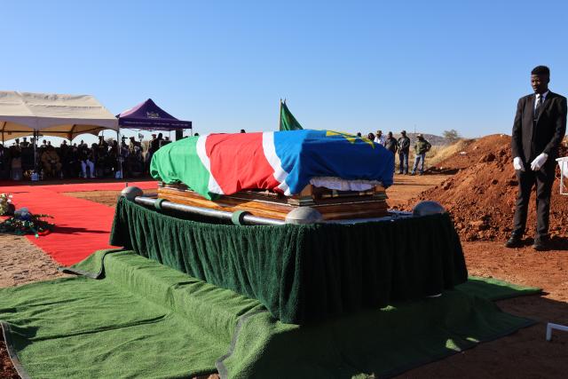 OTJIWARONGO, 02 AUG (NAMPA) - The late war veteran and former Robben Island political prisoner, Lazarus Guiteb being laid to rest on Saturday minoring at the Orwetoveni Cemetery in a military funeral service style accorded on him by President Netumbo Nandi-Ndaitwah. The 82-year-old Guiteb died in a private hospital in Windhoek on 15 July 2025. (Photo by: Mulisa Simiyasa) NAMPA