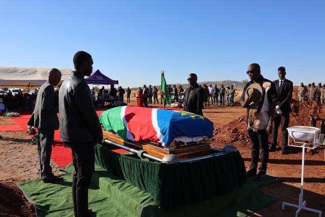 OTJIWARONGO, 02 AUG (NAMPA) - The late war veteran and former Robben Island political prisoner, Lazarus Guiteb being laid to rest on Saturday minoring at the Orwetoveni Cemetery in a military funeral service style accorded on him by President Netumbo Nandi-Ndaitwah. The 82-year-old Guiteb died in a private hospital in Windhoek on 15 July 2025. (Photo by: Mulisa Simiyasa) NAMPA