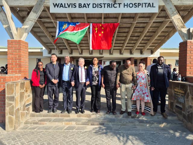 Walvis Bay 01 August 2025 - Governor of Erongo Region Natalia /Goagoses, Executive Director in the Ministry of Health and Social Services Penda Iithindi, WEI Jinming, Representing the Ambassador of the People’s Republic of China in Namibia and Vice president of Zheijiang Provincial Hospital of Chinese Medicine Professor LIN Shengyou among other regional leaders photographed at the handover of a CT Scanner at the Walvis Bay District Hospital. (Photo by: Isabel Bento) NAMPA
