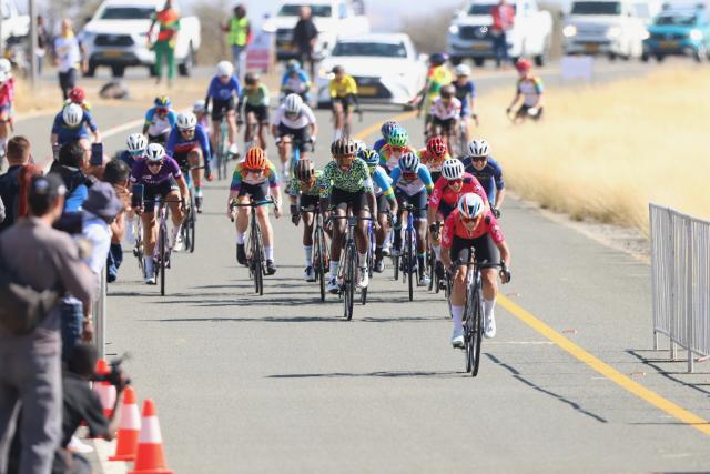 WINDHOEK, 01 August 2025 – Mauritian rider Lucie Eva de Marigny Lagesse (in red)  while in the spring during stage two of the Tour de Windhoek at Teufelsschlucht Bridge in the A1 road between Windhoek and Okahandja. (Photo by: Hesron Kapanga) NAMPA 