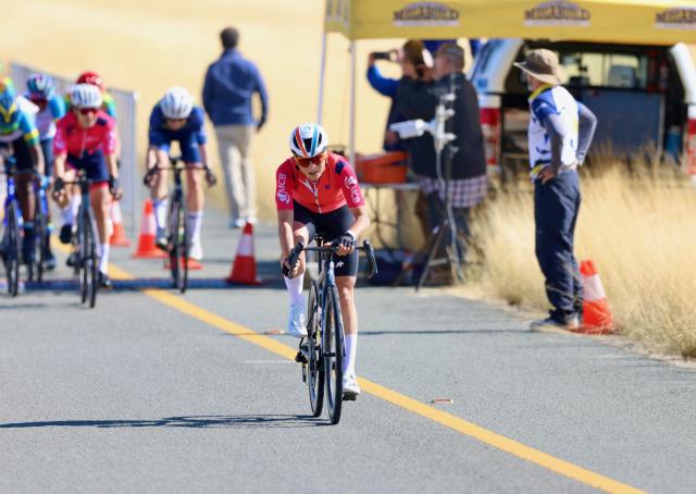 WINDHOEK, 01 August 2025 – Mauritian rider Lucie Eva de Marigny Lagesse  while in the spring during stage two of the Tour de Windhoek at Teufelsschlucht Bridge in the A1 road between Windhoek and Okahandja. (Photo by: Hesron Kapanga) NAMPA 