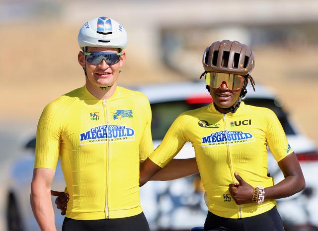 WINDHOEK, 03 August 2025 – Namibian rider Drikus Coetzee (left) and Rwandan cyclist Xaveline Nirere poses for a picture after winning the overall general classification categories of the male and female for the 2025 Tour de Windhoek. Namibia’s premier international cycling event, the Tour de Windhoek, was held from 31 July to 3 August 2025 around the Namibian capital. (Photo by: Hesron Kapanga) NAMPA
