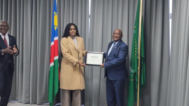 WINDHOEK, 06 AUGUST 2025 - Former Minister of Health and Social Services Kalumbi Shangula and Minister of Health Esperance Luvindao pictured during a handover of the Africa CDC award recently awarded to Kalumbi. (Photo: Molly Weyulu) NAMPA 