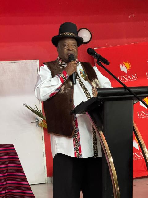 OSHAKATI, 06 August 2025 - Chief of Uukwambi Traditional Authority Herman Ndilimani Iipumbu speaking during the annual cultural festival of UNAM at Oshakati on Wednesday. (Photo: Maria David)NAMPA