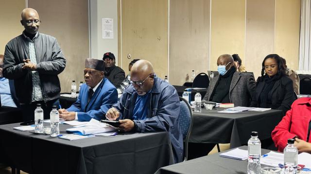 SWAKOPMUND, 11 August 2025 - Member of Parliament (MP) and Chairperson of the Parliamentary Standing Committee of Constitutional and Legal Affairs Modestus Amutse, seated besides MP Martin Lukato at the opening of the capacity-building training in Swakopmund to strengthen committee’s ability to review, analyse, and engage with international treaties, conventions, and protocols. (Photo by: Isabel Bento) NAMPA