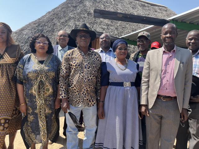 NKURENKURU, 14 August 2025- The new approved Ukwangali Chief Eugene Siwombe Kudumo, Kavango West Governor Verna Sinimbo and Chairperson Joseph Sivaku Sikongo at Ukwangali Traditional Authority on Thursday.

(Photo: Lylie Joel)
NAMPA