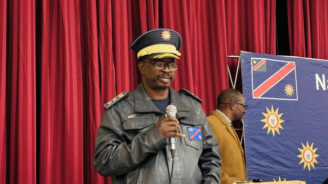 Walvis Bay, 14 August 2025 - Head of the Crime Investigation Division in the region Deputy Commissioner Erastus Iikuyu addressing the residents of Naraville at a recent community meeting held.(Photo by: Isabel Bento) NAMPA