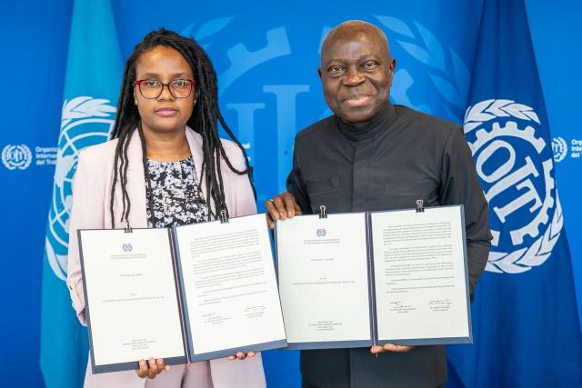WINDHOEK, 15 August 2025 - H.E. Ambassador Julia Imene-Chanduru, Namibia’s Permanent Representative to the UN in Geneva, and ILO Director-General Gilbert F. Houngbo during the ratification of ILO Convention 156 in Geneva.(Picture: Contributed) NAMPA