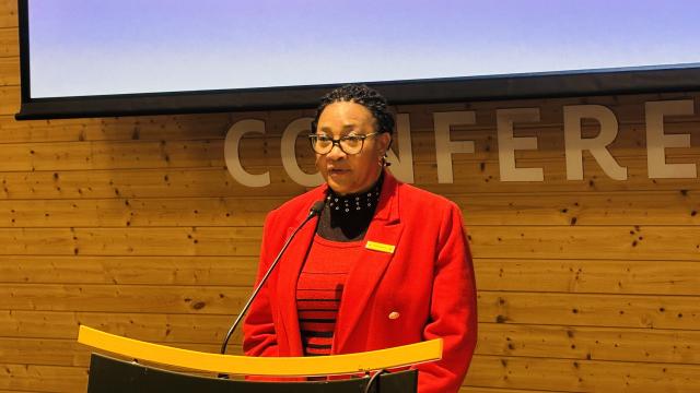 SWAKOPMUND, 18 August 2025 - Erongo Governor Natalia !Goagoses speaking at the Erongo RED Shareholders’ Summit held in Swakopmund on Monday. (Photo by: Isabel Bento) NAMPA