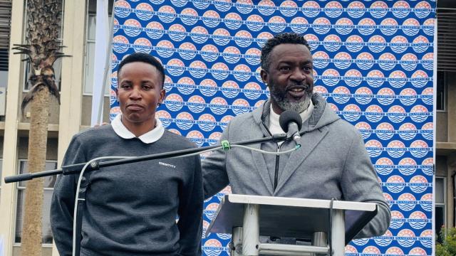 WALVIS BAY, 20 AUGUST 2025 - Retired footballer Paulus Shipanga photographed with Twanyanyukwa Antsino who recently made history by officiating the 2024 Women’s African Cup of nations final match in July. Anstino will be one of the referees at the Namport 7-A-Side corporate football tournament taking place at Walvis bay this weekend. (Photo by: Isabel Bento) NAMPA