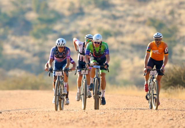 GROSS BARMEN, 23 August 2025 – Namibian cyclist Drikus Coetzee (in green), South African riders Daniel van der Walt (left) and Christiaan van Rensburg (right) while in action during the 2025 Khomas100 African Gravel Championships a race which saw riders from across the continent competing for UCI points, over 157 kilometres from Windhoek to Gross Barmen Resort outside Okahandja. (Photo by: Hesron Kapanga) NAMPA