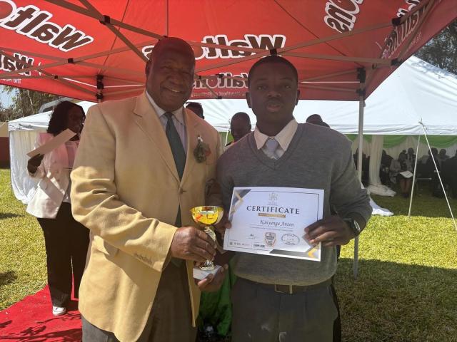 RUNDU, 28 July 2025 - Former Deputy Prime Minister John Mutorwa pictured with Anton Kanyanga during the Directorate of Education’s regional Price Giving ceremony in July this year. (Photo by: Sawi Hausiku) NAMPA 