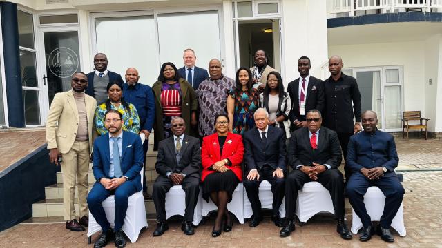 SWAKOPMUND, 02 SEPTEMBER 2025 - Chairperson of the APRM Continental Consultative Committee of the National Governance Commissions, Ambassador Ashraf Rashed, Chief of Staff at the APRM Continental Secretariat Damien Thesee, CHief Executive Officer of the ,
APRM National Secretariat Ambassador Lineekela Mboti and Erongo Governor Natalia !Goagoses photographed alongside delegates at the opening of the three-day National Dialogue and Data Validation Workshop on the APRM Governance Index at Swakopmund. (Photo by: Isabel Bento) NAMPA