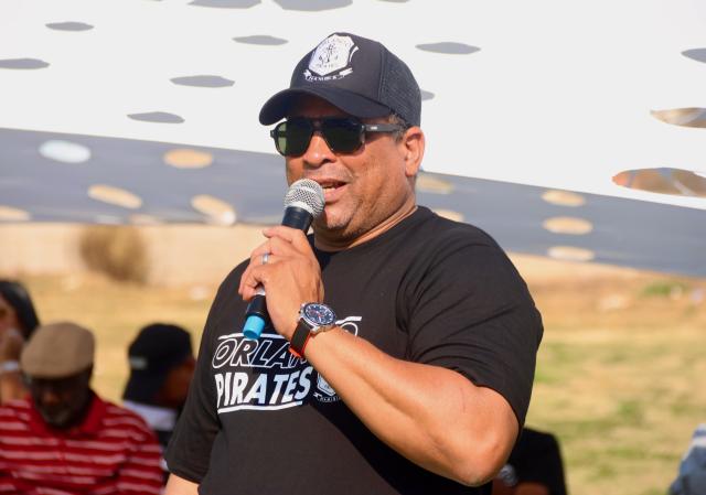 WINDHOEK, 30 August 2025 – Orlando Pirates interim director, Johannes Mabos Ortman, while addressing supporters during the teams kit unveiling and fun day in the capital ahead of their 2025/26 Southern Stream First Division. (Photo by: Hesron Kapanga) NAMPA