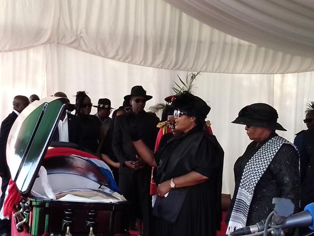OHAKWEENYANGA, 05 September 2025 - Widow Laimi Hawala accompanied President Netumbo Nandi-Ndaitwah during the body viewing during the memorial service of late former NDF Chief Solomon Hawala on Friday. (Photo: Maria David)NAMPA