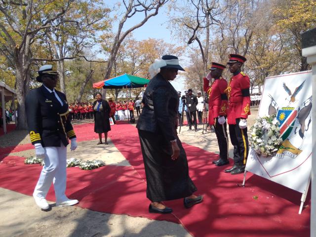 ONGWEDIVA, 06 September 2025 - President Netumbo Nandi-Ndaitwah laying of wreaths during the burial of the former NDF Chief Solomon Hawala on Saturday. (Photo: Maria David)NAMPA