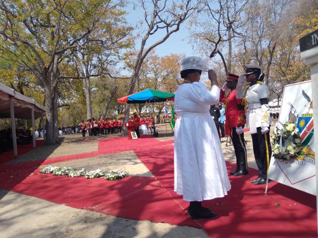 ONGWEDIVA, 06 September 2025 - Widow Laimi Hawala laying of wreaths during the burial of the former NDF Chief Solomon Hawala on Saturday. (Photo: Maria David)NAMPA
