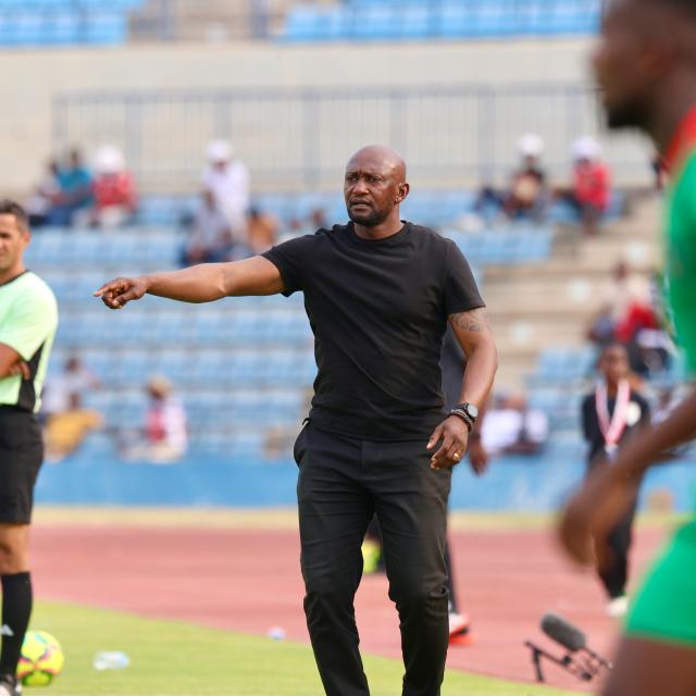 FRANCISTOWN, 05 September 2025 - Brave Warriors coach Collin Benjamin giving instructions to his player during Namibia's 2-1 defeat to Malawi during their 2026 World Cup qualifiers at the Obed Itani Chilume Stadium in Francistown, Botswana. (Photo by: Hesron Kapanga) NAMPA