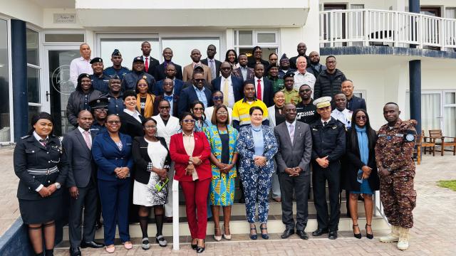 SWAKOPMUND, 08 September 2025 - Deputy Minister of Industries, Mines and Energy Gaudentia Krönhe, OPCW Programme Officer, Babatunde Olowookere and Chairperson of the National Authority and Director of Commerce Diina Nashidengo photograped with stakeholders and attendees at the official opening of the 2025 Integrated Advanced Course and Exercise on Assistance and Protection against Chemical Weapons for English-speaking African States Parties at Swakopmund on Monday. (Photo by: Isabel Bento) NAMPA