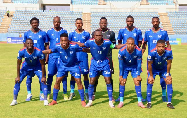 FRANCISTOWN, 05 September 2025 - The Brave Warriors pose for a photo ahead of their FIFA World Cup qualifier against Malawi at the Obed Itani Chilume Stadium in Francistown, Botswana, a match which they lost 3-1. Back row from left are Aprocius Petrus, Charles Hambira, Sergio Damaseb, Edward Maova, Kennedy !Eib and Ivan Kamberipa. Front row from left are Deon Hotto, Ngero Katua, Peter Shalulile, Riaan Hanamub, and Joslin Kamatuka. (Photo by: Hesron Kapanga) NAMPA
