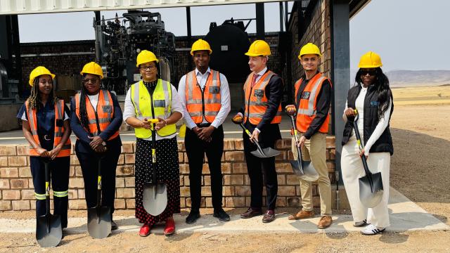 DAURES, 13 September 2025 - Erongo Governor Natalia |Goagoses, Daures Green Hydrogen Village Chief Executive Officer Jerome Namaseb, UNIDO and ministry representatives as well as officials from the Namibia Green Hydrogen Programme, photographed at the groundbreaking ceremony of Namibia’s first-ever low-carbon fertiliser plant.(Photo by: Isabel Bento) NAMPA