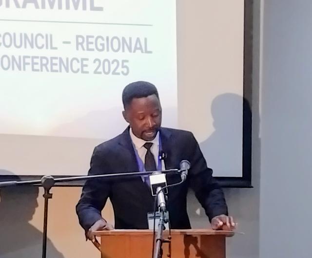 KATIMA MULILO, 16 September 2025 - Chairperson of the 6th National Council, Lukas Muha speaking at the second two-days National Council - Regional Council Conference held at the Zambezi Regional Council on Tuesday in the Zambezi region. 
(Photo: Michael Mutonga Liswaniso) NAMPA
 